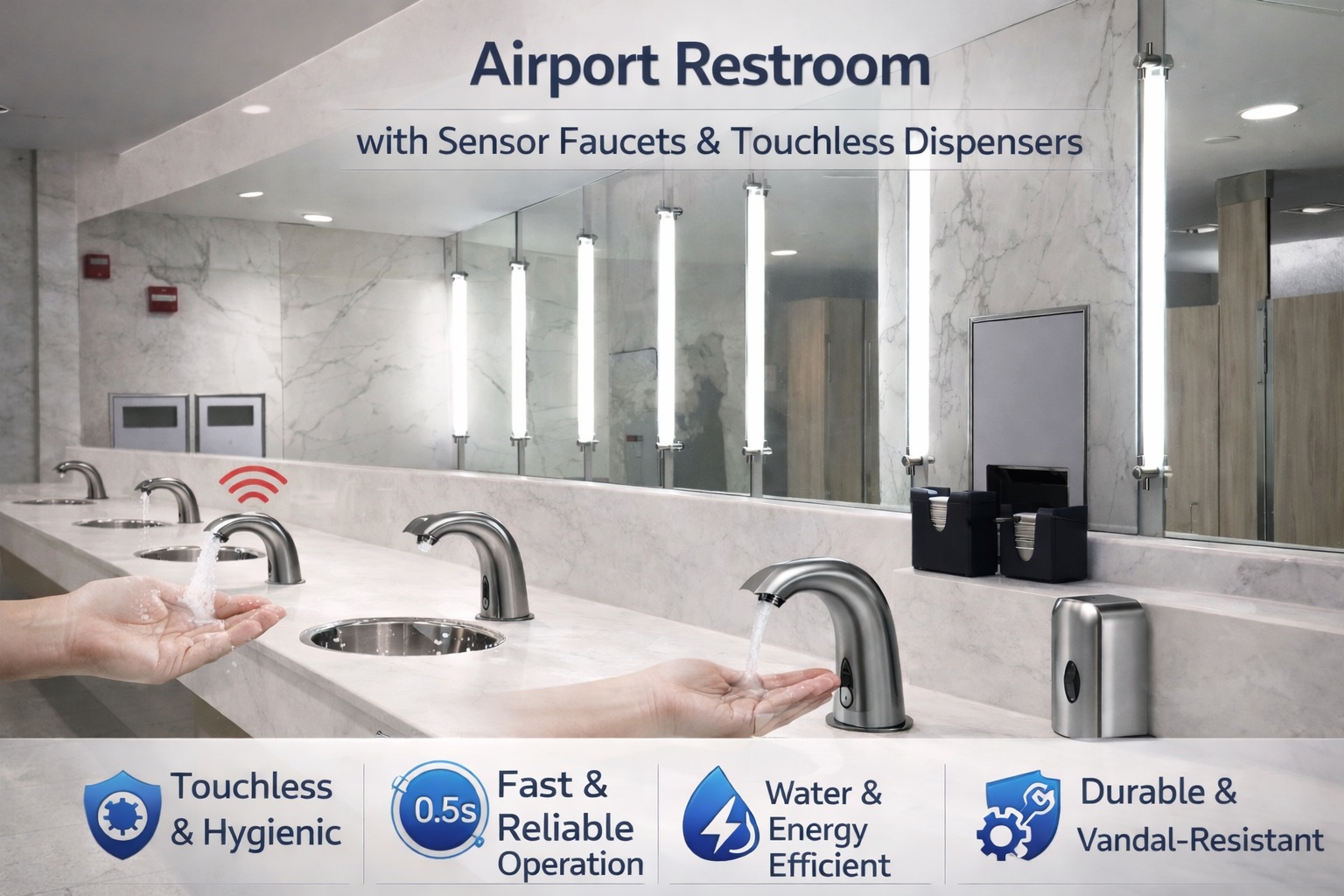 Airport restroom with sensor faucets and touchless dispensers